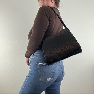 Vintage 90s Black Dark Brown Shiny Faux Leather Croc Embossed Shoulder Bag